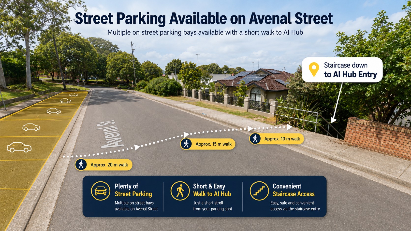 Avenal Street parking bays with walking path to AI Hub